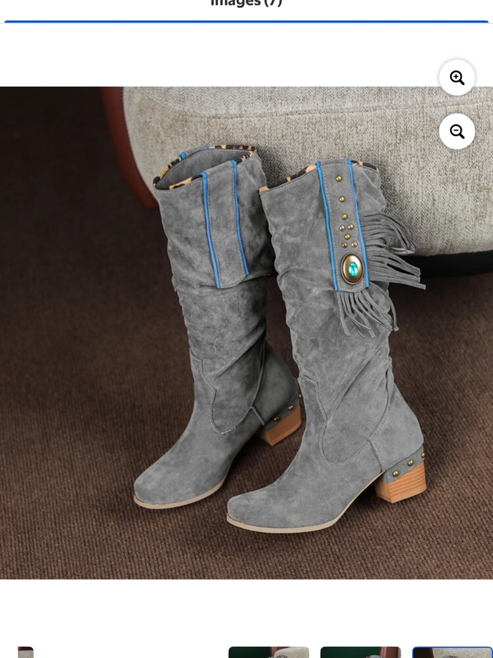 Grey Suede Mid-Calf Heeled Fringe Boots with Turquoise Accent